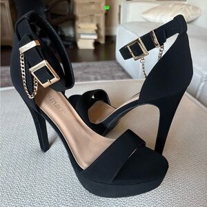 Gold-Trim Black Platform Ankle-Strap Heels